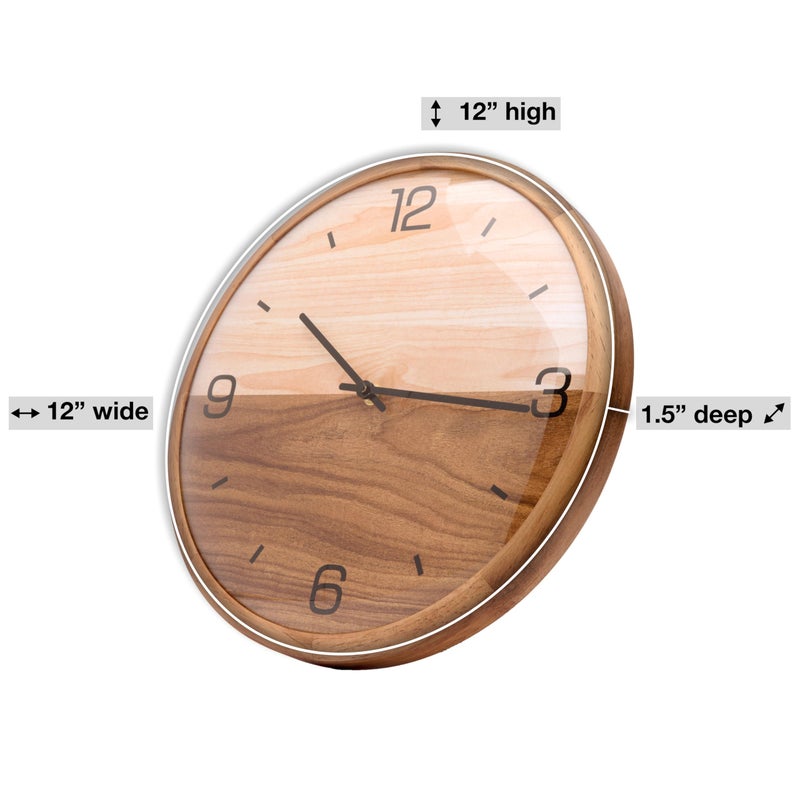 Driini Analog Dome Glass Wall Clock (12") - Pine Wood Frame with Two-Tone Wooden Face - Battery Operated with Silent Movement - Large Decorative Clocks for Classroom, Office, Living Room, or Bedrooms. - Image 2