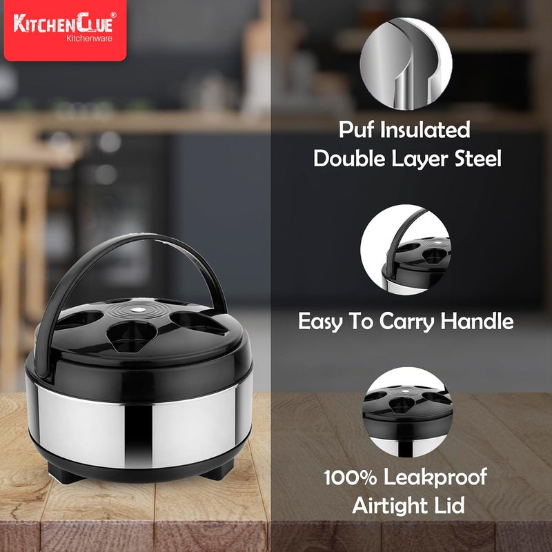 KITCHEN CLUE جركن ماء معزول من كيتشن كلue من الفولاذ المقاوم للصدأ سعة 5 لترات وطبق تقديم سعة 2000 مل باللون الفضي والأسود خالي من BPA معزول PUF يحافظ على الطعام أو المشروبات ساخنة أو باردة مجموعة حرارية - Image 3