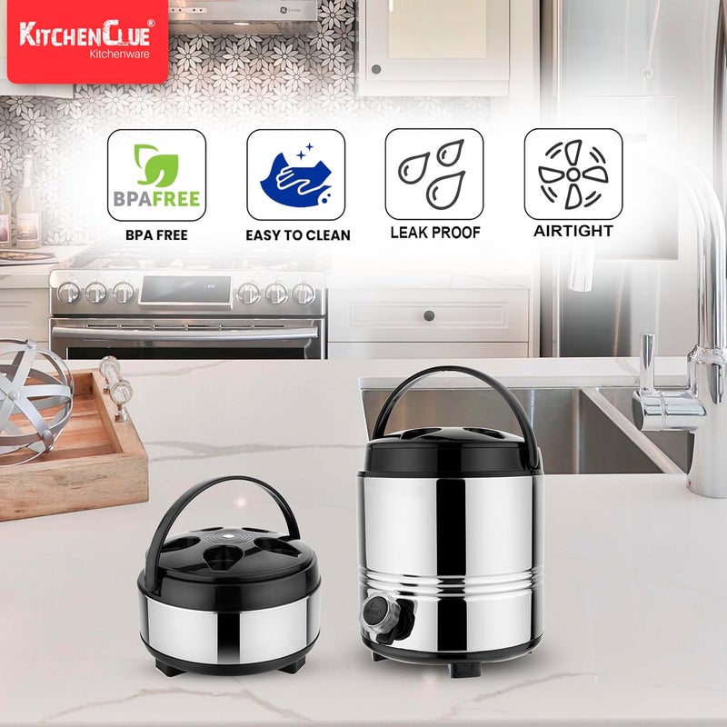 KITCHEN CLUE جركن ماء معزول من كيتشن كلue من الفولاذ المقاوم للصدأ سعة 5 لترات وطبق تقديم سعة 2000 مل باللون الفضي والأسود خالي من BPA معزول PUF يحافظ على الطعام أو المشروبات ساخنة أو باردة مجموعة حرارية - Image 2