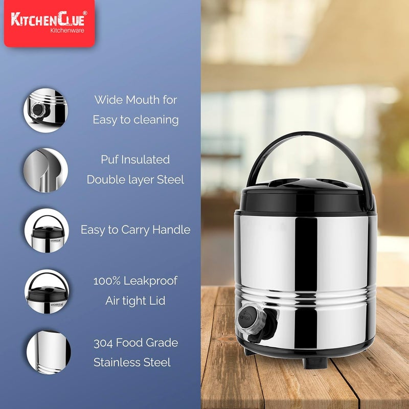 KITCHEN CLUE جركن ماء معزول من كيتشن كلue من الفولاذ المقاوم للصدأ سعة 5 لترات وطبق تقديم سعة 2000 مل باللون الفضي والأسود خالي من BPA معزول PUF يحافظ على الطعام أو المشروبات ساخنة أو باردة مجموعة حرارية - Image 5