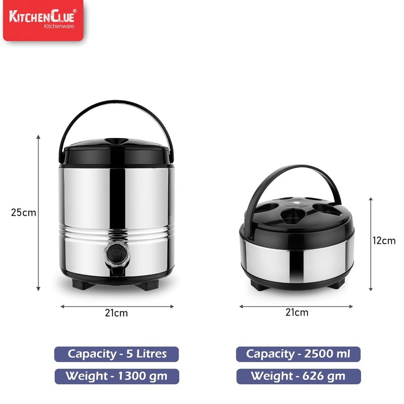 KITCHEN CLUE جركن ماء معزول من كيتشن كلue من الفولاذ المقاوم للصدأ سعة 5 لترات وطبق تقديم سعة 2000 مل باللون الفضي والأسود خالي من BPA معزول PUF يحافظ على الطعام أو المشروبات ساخنة أو باردة مجموعة حرارية - Image 4