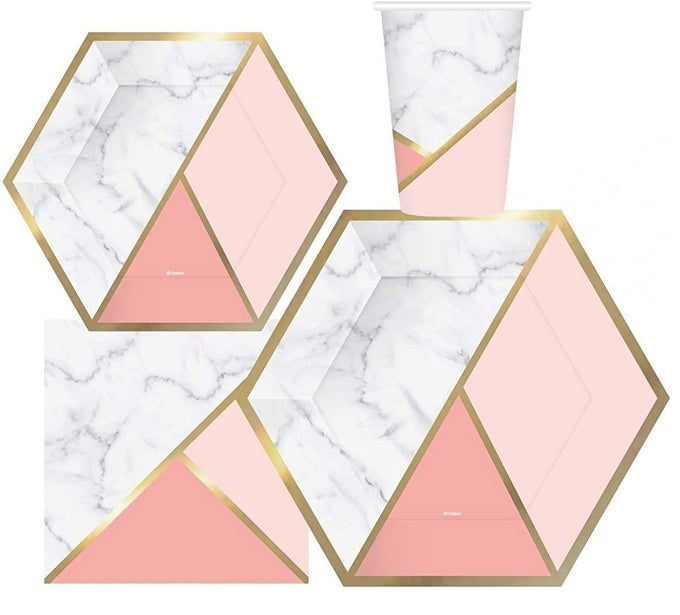 MARBLE EFFECT PINK AND GOLD FOIL HEXAGON PLATES CUPS NAPKINS FOR 30 GUEST COMPLETE PARTY PACK IDEAL FOR BIRTHDAY ENGAGEMENTS SHOWERS OFFICE WEDDINGS BRUNCH GENDER REVEAL CELEBRATIONS