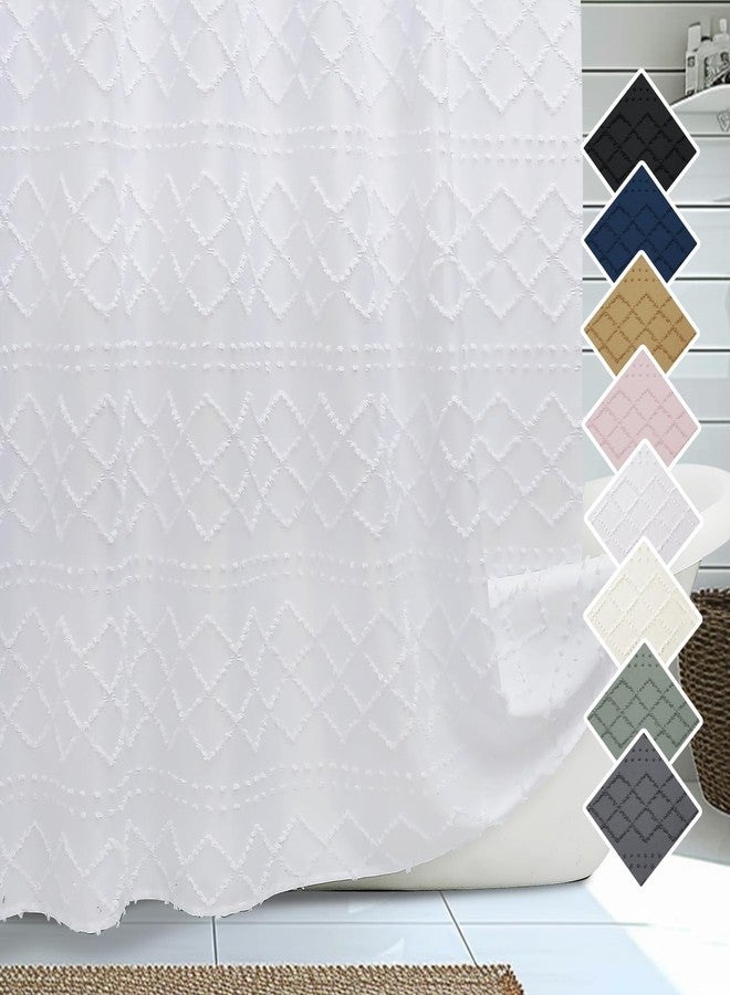 Lecloud White Fabric Shower Curtain 72x72 Inches, Boho Tufted Plaid Striped Shower Curtain Set for Bathroom, Chic Textured Cloth Shower Curtain - Image 1