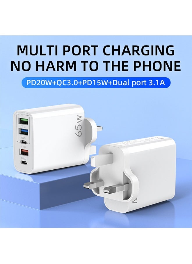 Generic - 65W 5-Port Fast Charger, 6.6A 2 USB C + 3 USB A Ports Plug, Wall Charging Plug, G Adapter Compatible with charging for Apple Android, Support PD20W and QC3.0 charging protocols - Image 1