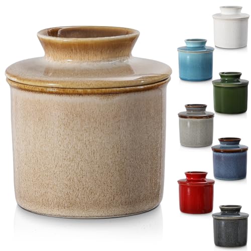 YDSluock Beige French Butter DishHandmade Reactive Glaze Ceramic Butter Crock with Water Line for Speradable Fresh Butter - Image 1