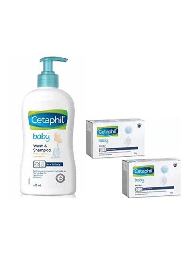 Cetaphil Baby Wash & Shampoo With Organic Calendula 400Ml And Baby Mild Bar 75G(2Pcs) (Pack Of 3) Combo - Image 1
