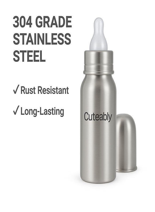 Cuteably Baby 304 Grade Steel Bottle with Advanced Anti Colic Valve, BPA Free, Soft Silicone Teat, Wide Neck for Babies/Infants/Newborns (200 ML) - Image 4