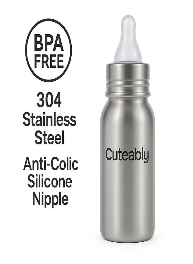 Cuteably Baby 304 Grade Steel Bottle with Advanced Anti Colic Valve, BPA Free, Soft Silicone Teat, Wide Neck for Babies/Infants/Newborns (200 ML) - Image 5