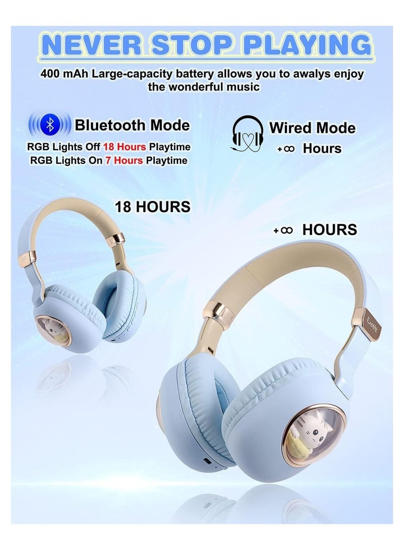 Y&D Kids Wireless Headphones Bluetooth Over Ear Headphones With Lovely Cat Colorful Led Lights Wireless&Wired Foldable Build-In Mic Bluetooth Headphones For Kids Girls Teens Adults(Blue) - Image 4