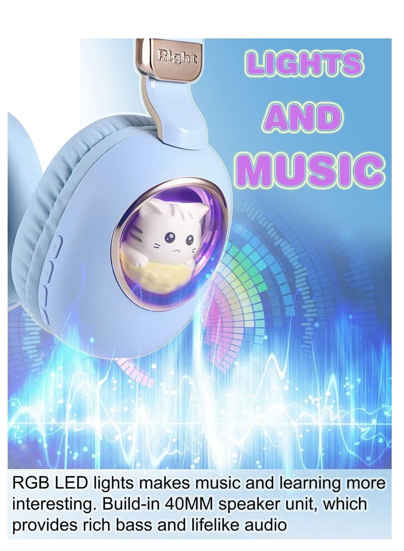 Y&D Kids Wireless Headphones Bluetooth Over Ear Headphones With Lovely Cat Colorful Led Lights Wireless&Wired Foldable Build-In Mic Bluetooth Headphones For Kids Girls Teens Adults(Blue) - Image 3