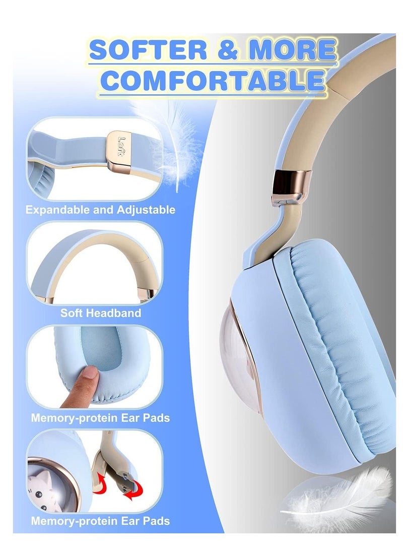 Y&D Kids Wireless Headphones Bluetooth Over Ear Headphones With Lovely Cat Colorful Led Lights Wireless&Wired Foldable Build-In Mic Bluetooth Headphones For Kids Girls Teens Adults(Blue) - Image 5