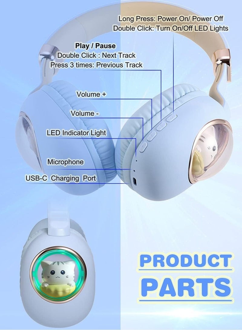 Y&D Kids Wireless Headphones Bluetooth Over Ear Headphones With Lovely Cat Colorful Led Lights Wireless&Wired Foldable Build-In Mic Bluetooth Headphones For Kids Girls Teens Adults(Blue) - Image 2