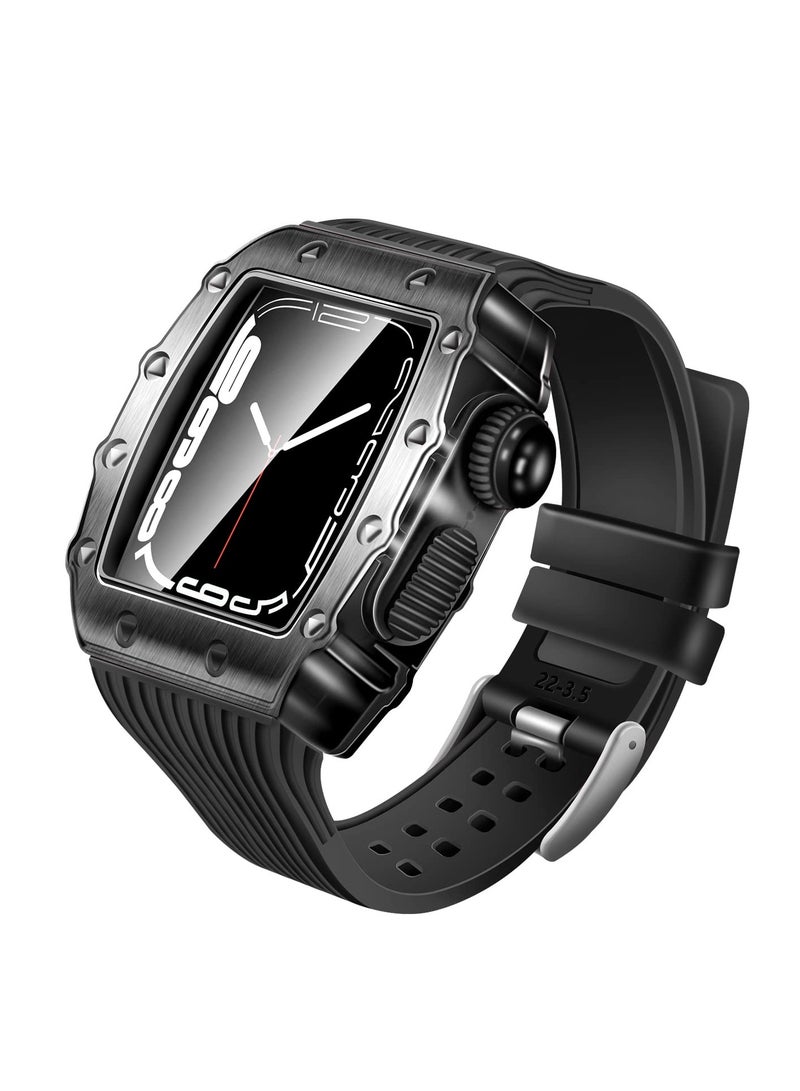 KASTWAVE Luxury Designer Rugged Case with Band Compatible for Apple Watch Band 44mm 45mm, Metal Protective Cover Case with Silicone Strap Shockproof Bumper for iWatch Series 8 7 45mm and SE 6 5 4 44mm - Image 1