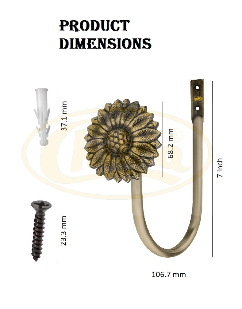 Chitra 2 Pcs Curtain Holdback for Curtains Wall Mounted Metal Drapery Hook for Door Window Treatment - Sun Flower Tie Back (Antique Brass) - Image 4