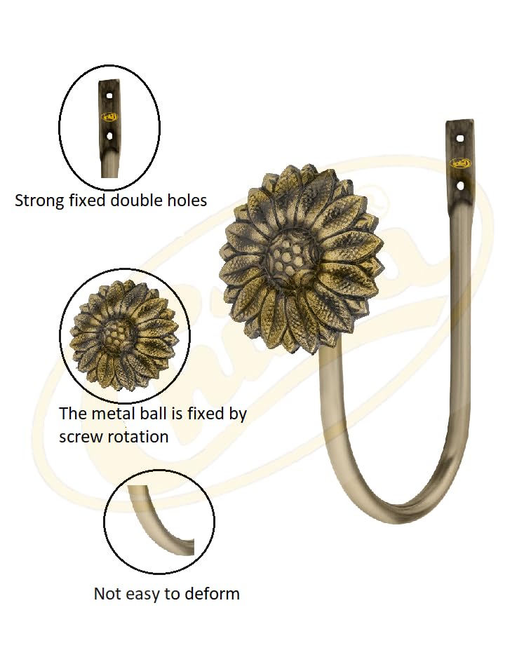 Chitra 2 Pcs Curtain Holdback for Curtains Wall Mounted Metal Drapery Hook for Door Window Treatment - Sun Flower Tie Back (Antique Brass) - Image 5