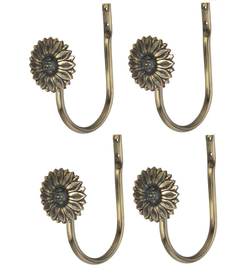 Chitra 2 Pcs Curtain Holdback for Curtains Wall Mounted Metal Drapery Hook for Door Window Treatment - Sun Flower Tie Back (Antique Brass) - Image 2