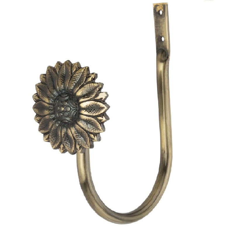 Chitra 2 Pcs Curtain Holdback for Curtains Wall Mounted Metal Drapery Hook for Door Window Treatment - Sun Flower Tie Back (Antique Brass) - Image 3