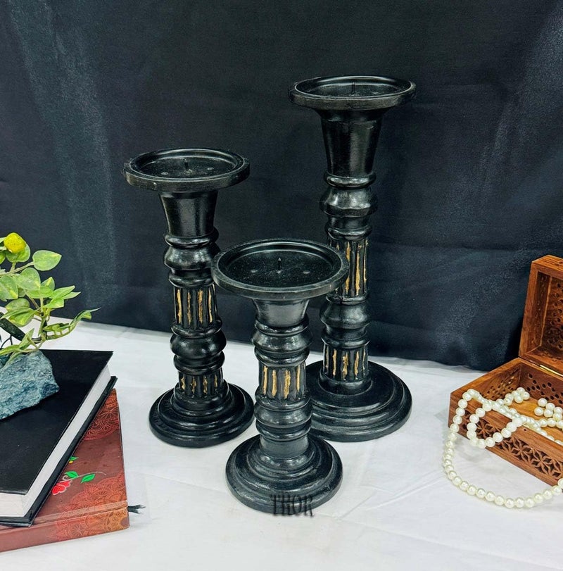 THOR INSTRUMENTS Wood Candle Holders for Pillar Candles (Set of 3) Large Rustic Pillar Candlestick Stands - 8 x 10x 12 - Image 2