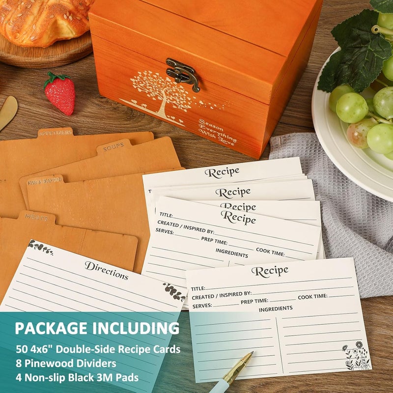 CypherX Wooden Recipe Box - Recipe Cards and Box Set with 50 Blank Cards and 8 Wood Dividers, Holiday Kitchen Decor, Housewarming, Bridal Shower Gift, Light Orange - Image 4