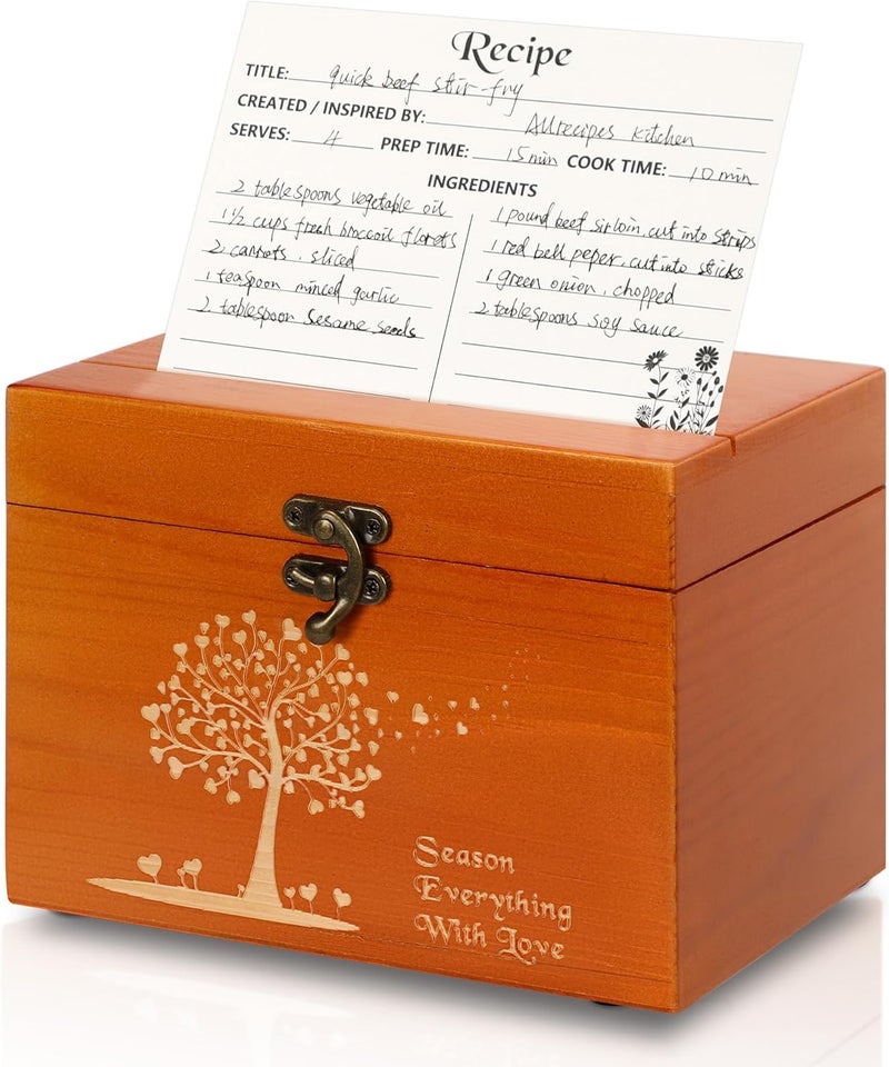 CypherX Wooden Recipe Box - Recipe Cards and Box Set with 50 Blank Cards and 8 Wood Dividers, Holiday Kitchen Decor, Housewarming, Bridal Shower Gift, Light Orange - Image 1