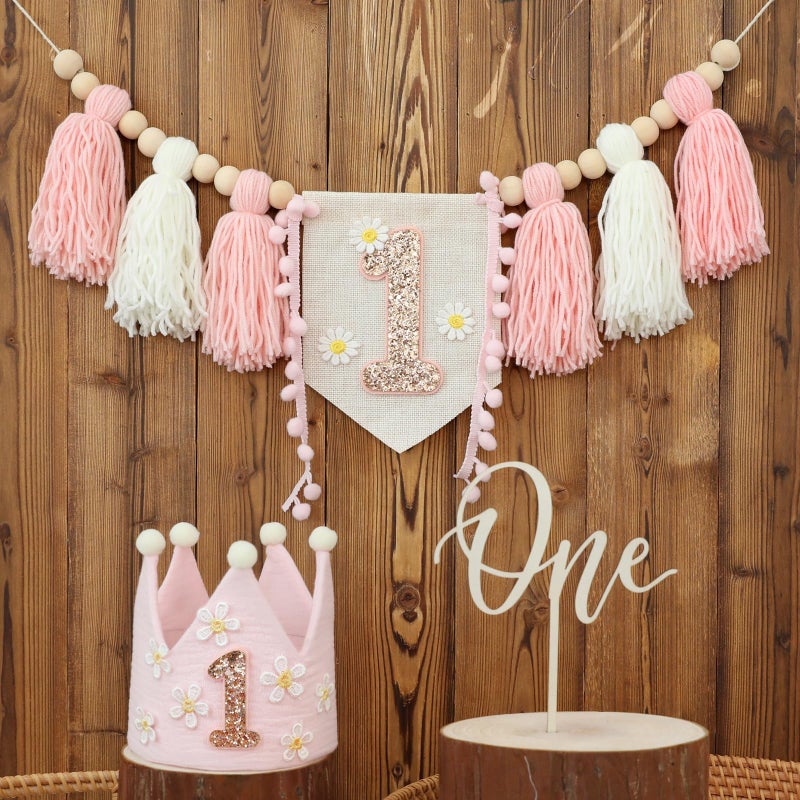 DCJHFJ Boho Daisy Highchair Banner 1st Birthday Girl For First Party Decorations Set With Handmade Cake Topper Crown Hat - Image 2