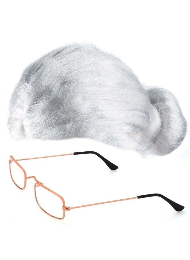 Yewong Old Lady Costume Set - Grandmother Wig,Costume Glasses,Wig Caps, Pearl Necklace, Glass Chain, Inflatable Cane, Handbag (White) - Image 2