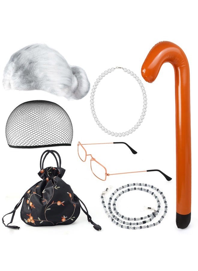 Yewong Old Lady Costume Set - Grandmother Wig,Costume Glasses,Wig Caps, Pearl Necklace, Glass Chain, Inflatable Cane, Handbag (White) - Image 1