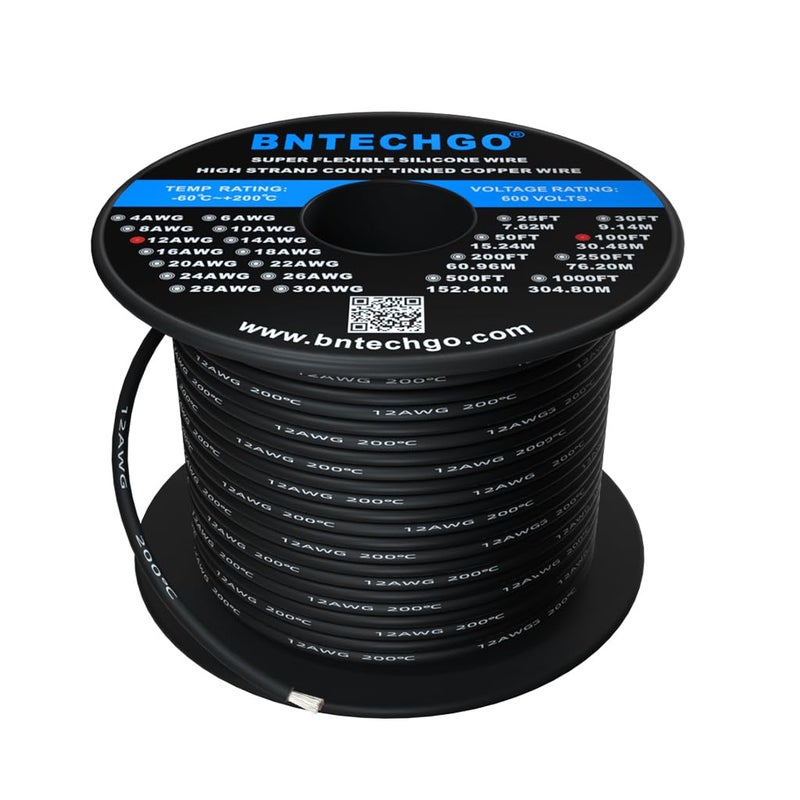 BNTECHGO 12 Gauge Silicone Wire Spool 100 ft Black Flexible 12 AWG Stranded Tinned Copper Wire - Image 2
