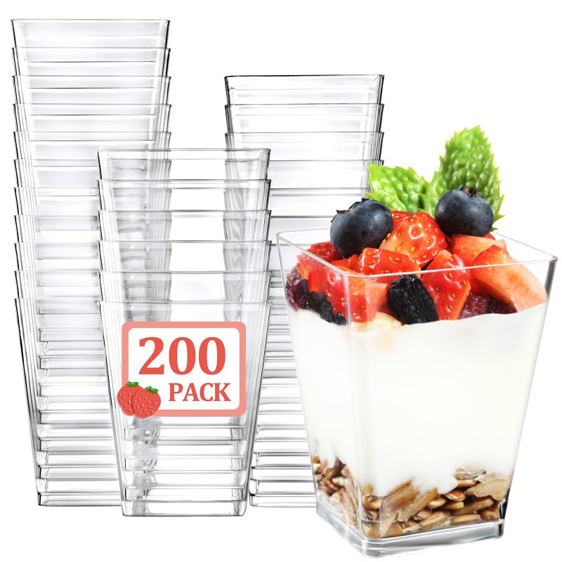 Eupako 200 Pack 5 OZ Plastic Mini Dessert Cups  Clear Small Parfait Cups Square Appetizer Cups for Fruit Pudding Mousse Ice Cream Party Wedding Valentines Day