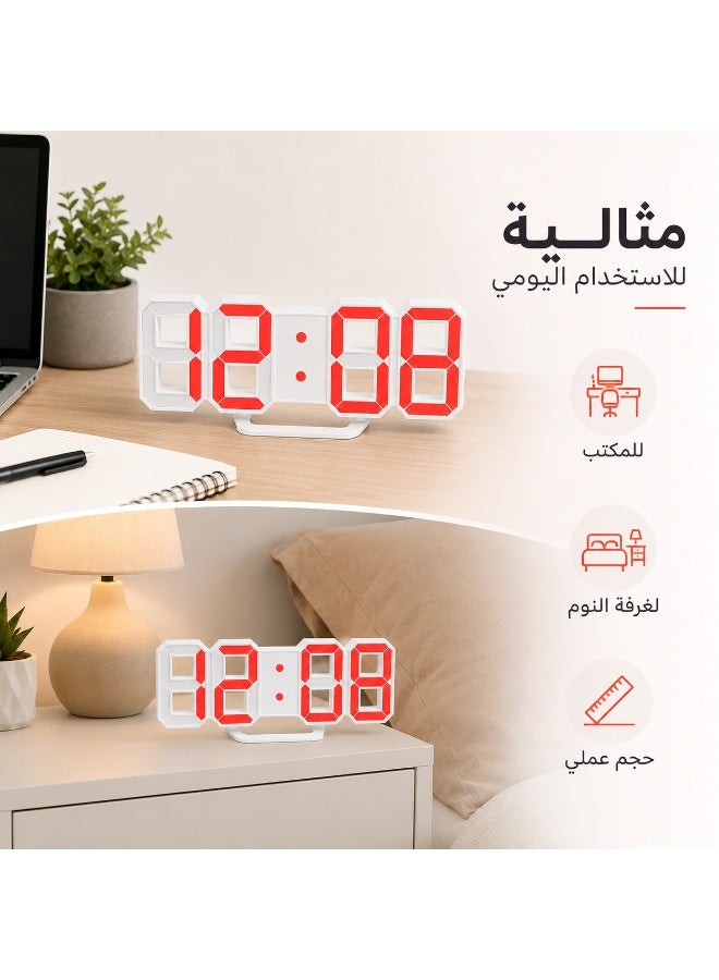 Large LED digital alarm clock (wall and desk) displaying time, date, and temperature; features 3 independent alarms, night mode, power-saving mode, and settings memory; powered by DC 5V input. - Image 3