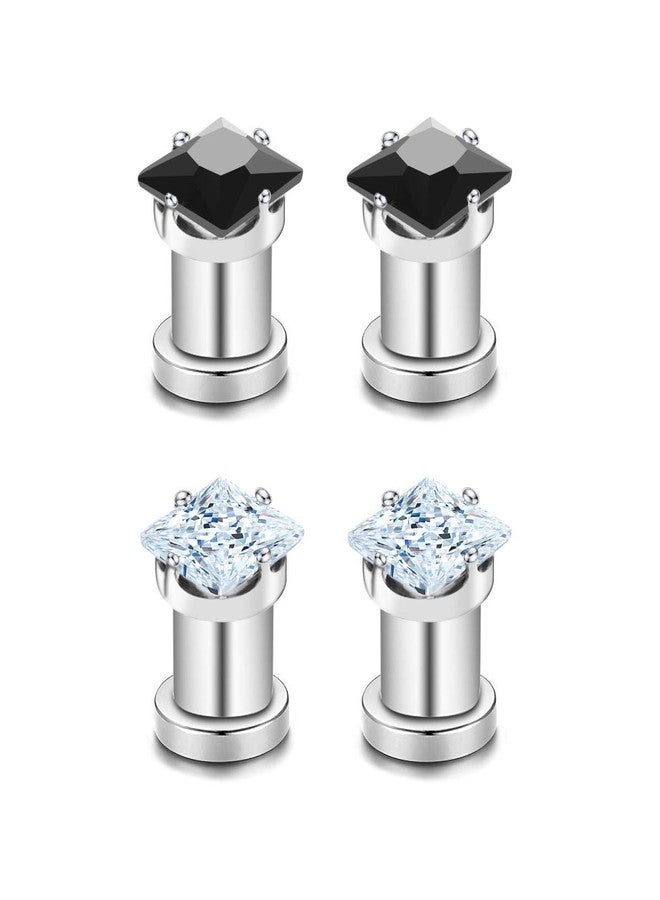 IPINK-Punk 6g- 00g Stainless Steel Cubic Zirconia Screw Tunnels Ear Stretcher Plugs Piercing Gauge 2 Pairs Set (2 Pairs (Black+Clear) of 0 Gauge(8mm)) - Image 1