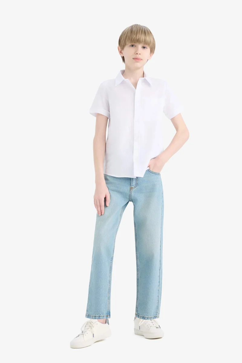 ديفاكتو Boy Regular Fit Polo Collar Linen Look Shirt