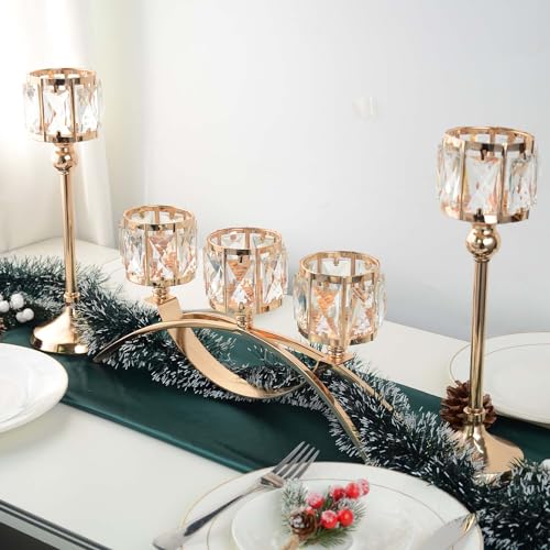 KEHAIL 3 Arms Crystal Candle Holders, Arch Candlestick Table Candelabras Centerpieces for Wedding, Dinning Room, Cabinet Ornaments, Home Decoration, Gift (3-arm Arched Set, Gold) - Image 2