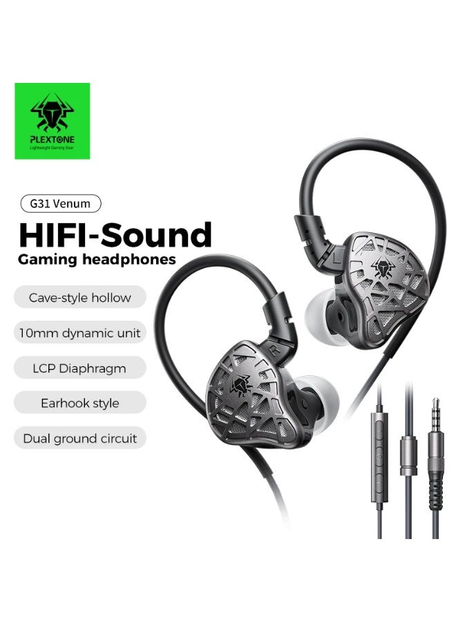 Plextone G31 Gaming Headphones 3.5mm In-Ear Earphones with Ear Hook Drop-Resistant HIFI Bass Earphones E-Sports Headphones Monitoring Headset with Microphone, Bass Sound, Noise Cancelling, Black - Image 2