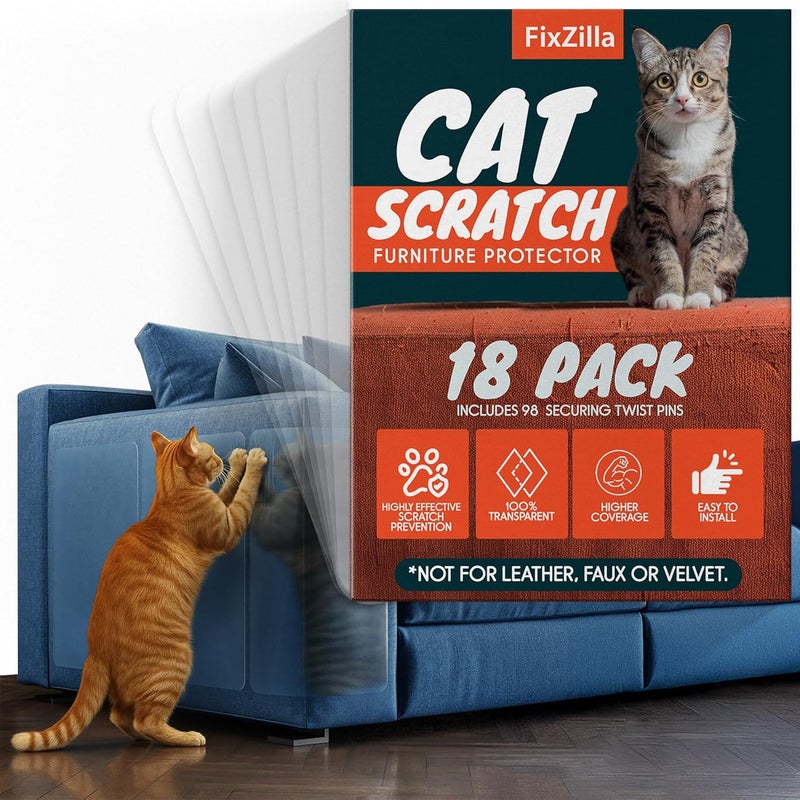FixZilla Anti Cat Scratch Furniture Protector, 18-Pack Couch Protector from Cat Claws – Heavy-Duty, Easy-to-Apply Scratching Deterrent and Shield for Sofa Corners, Walls, Doors- with 98 Twist Pins - Image 1