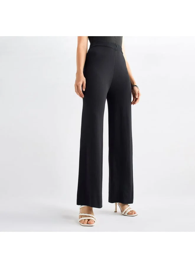 FAV Solid Wide Leg Pants with Ribbed Waistband