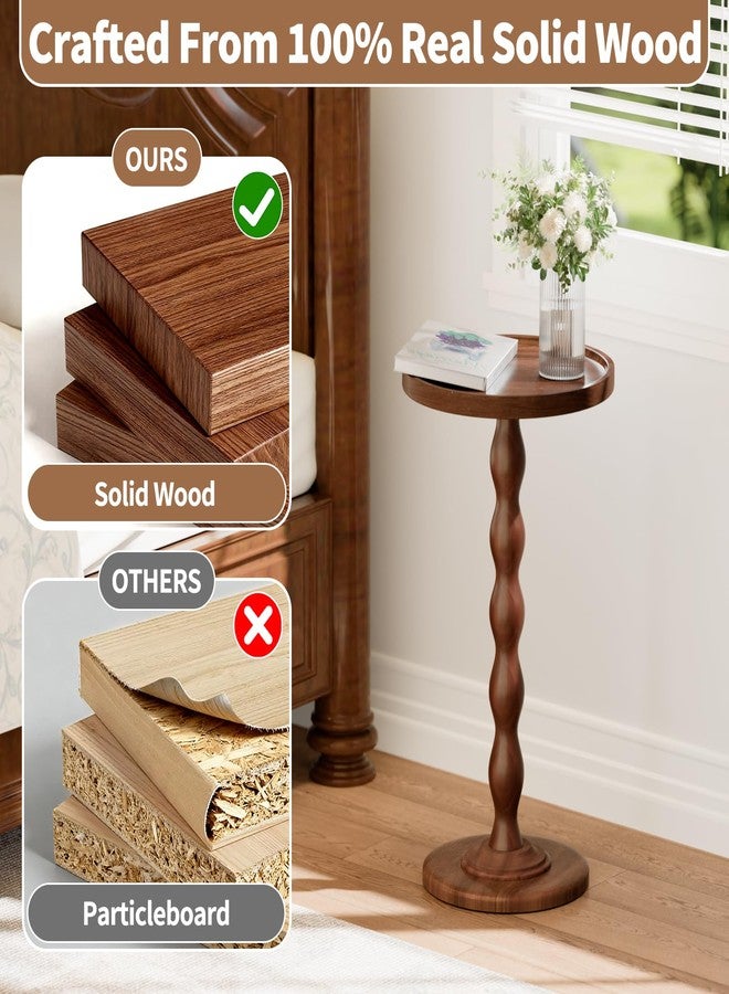 EVAWOO Small Round Side End Table - Solid Wood Accent Drink Table for Living Room, Modern Bedside Coffee Table Nightstand with Pedestal, Vintage Corner Couch Tables for Bedroom Small Spaces, Rustic Brown - Image 2