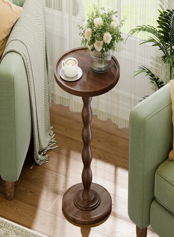 EVAWOO Small Round Side End Table - Solid Wood Accent Drink Table for Living Room, Modern Bedside Coffee Table Nightstand with Pedestal, Vintage Corner Couch Tables for Bedroom Small Spaces, Rustic Brown - Image 5