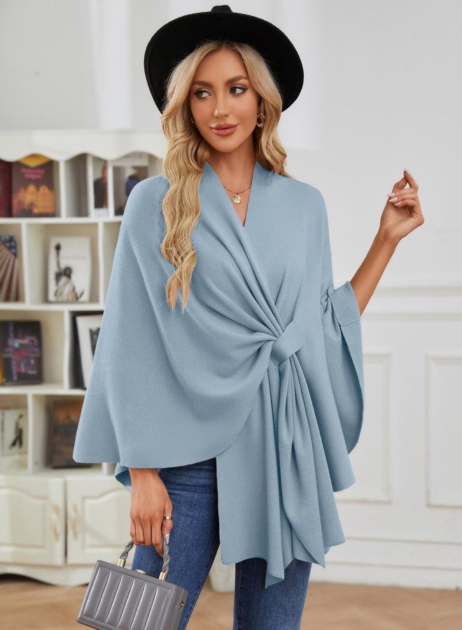 PULI Women's Elegant Shawl Wraps Soft Open Front Poncho Sweater for Spring Fall Winter blue - Image 2