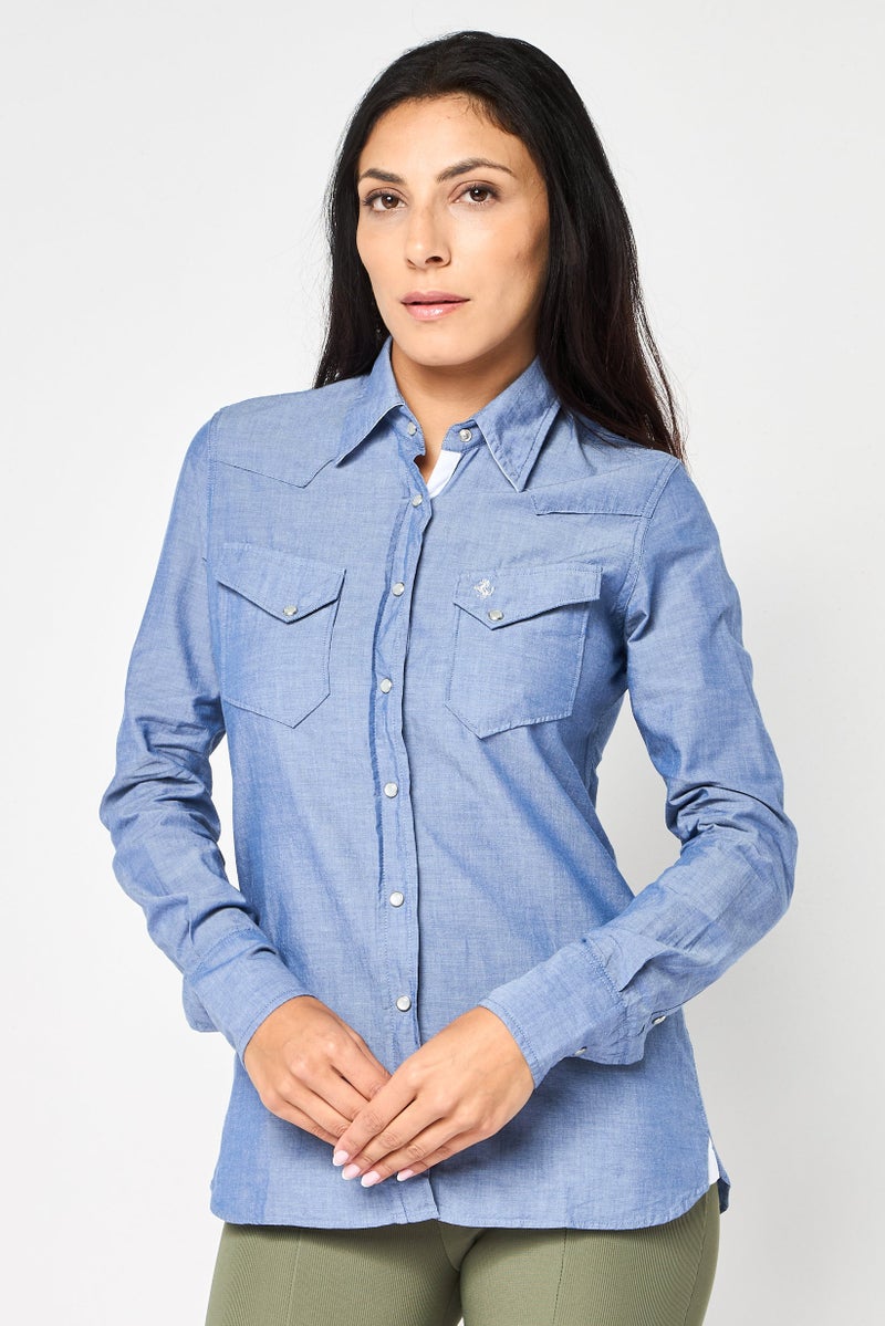 Ferrari Women Spread Collar Long Sleeve Brand Logo Shirt, Blue - Image 1