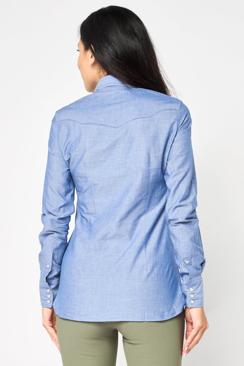 Ferrari Women Spread Collar Long Sleeve Brand Logo Shirt, Blue - Image 4