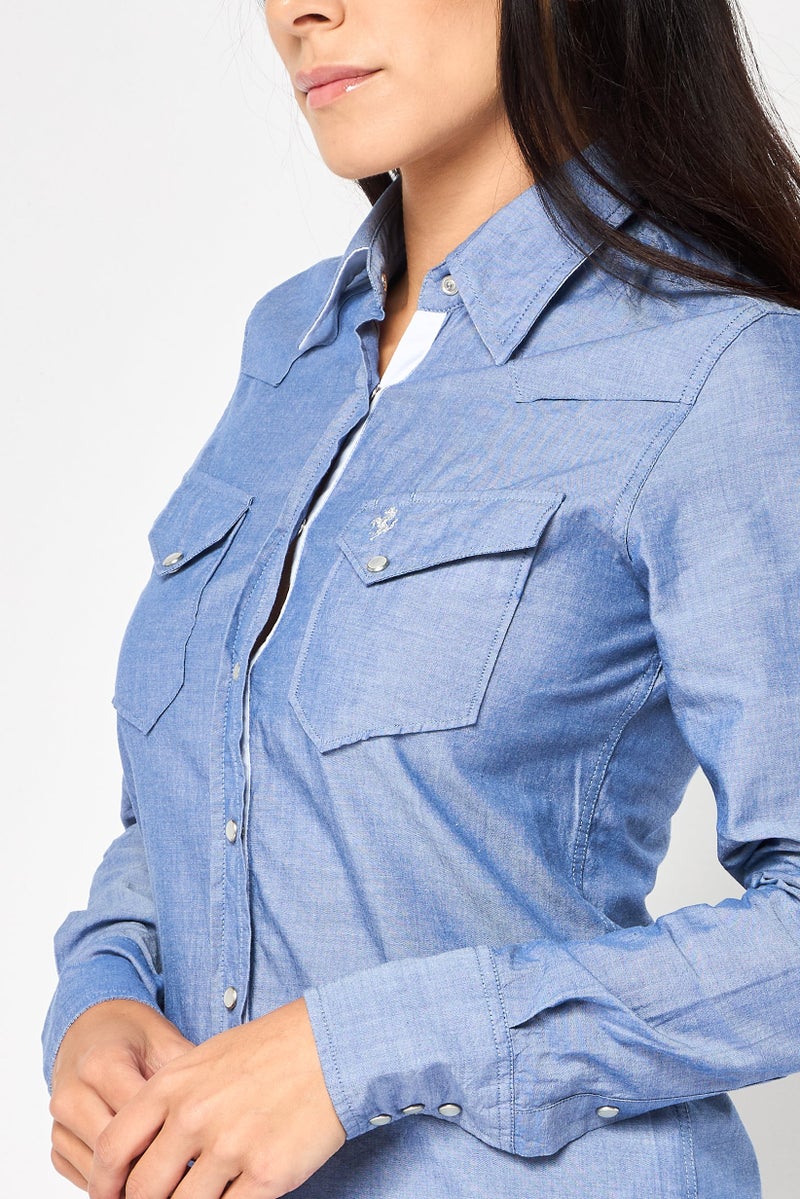 Ferrari Women Spread Collar Long Sleeve Brand Logo Shirt, Blue - Image 2