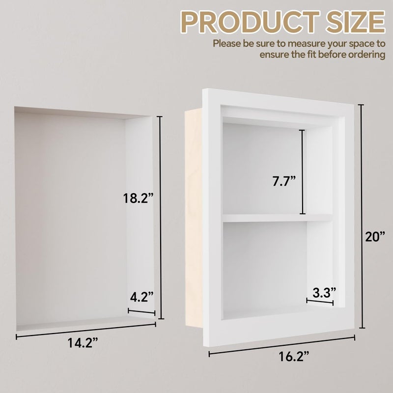 BPMFDTNL Solid Wood 14 X 18 Recessed Medicine Cabinet,2-Tier, Medicine Cabinet Organizer,Wall Niche, Bathroom Wall Cabinet, recessed bathroom Cabinet,Recessed Wall Cabinet, Bathroom Cabinet With Storage, White - Image 2