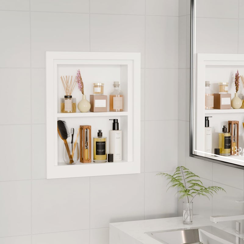 BPMFDTNL Solid Wood 14 X 18 Recessed Medicine Cabinet,2-Tier, Medicine Cabinet Organizer,Wall Niche, Bathroom Wall Cabinet, recessed bathroom Cabinet,Recessed Wall Cabinet, Bathroom Cabinet With Storage, White - Image 4