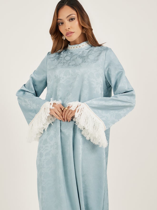 Styli Amirah Jacquard Stand Collared Jalabiya with Tassel Trim  - Image 3