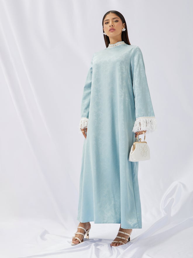 Styli Amirah Jacquard Stand Collared Jalabiya with Tassel Trim  - Image 1
