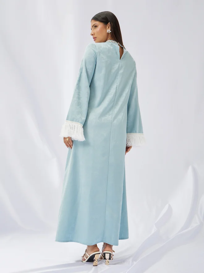 Styli Amirah Jacquard Stand Collared Jalabiya with Tassel Trim