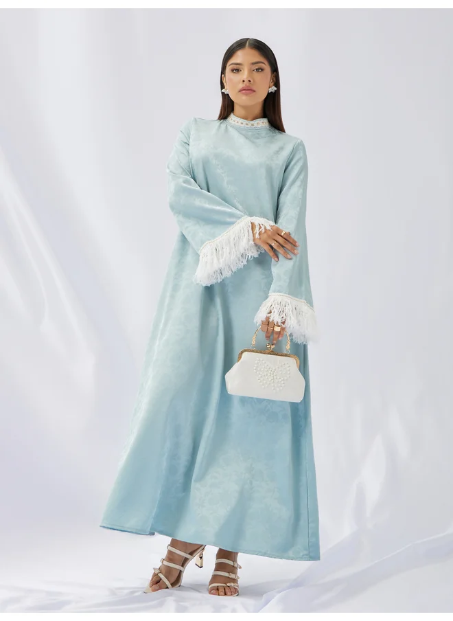 أميرة Amirah Jacquard Stand Collared Jalabiya with Tassel Trim