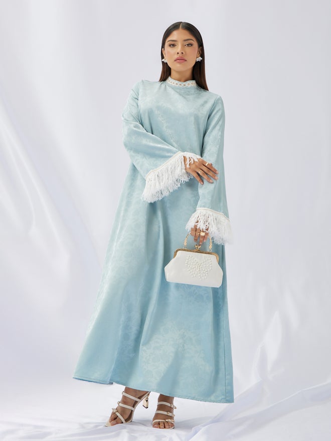 Styli Amirah Jacquard Stand Collared Jalabiya with Tassel Trim  - Image 2
