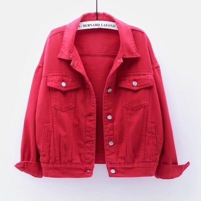 Spring Fall Colorful Plus-Size Denim Jacket Womens Loose Fit Casual BF Style Red 
